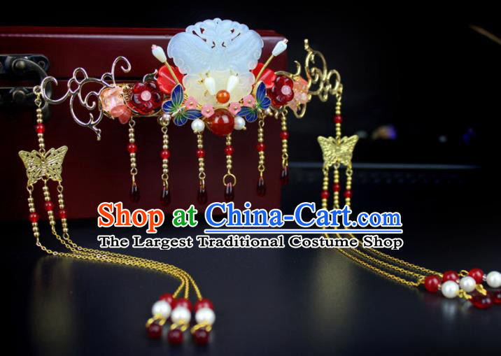 Chinese Ancient Handmade Hanfu Jade Hair Clip Tassel Hair Crown Hairpins Hair Accessories for Women