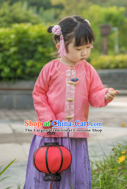Traditional Chinese Ancient Costumes Pink Blouse and Purple Skirt Ming Dynasty Princess Hanfu Dress for Kids