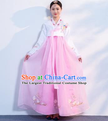 Asian Korean Traditional Costumes Korean Hanbok White Embroidered Blouse and Pink Skirt for Women