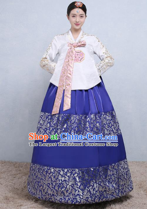 Asian Korean Traditional Costumes Korean Palace Hanbok Embroidered White Blouse and Blue Skirt for Women