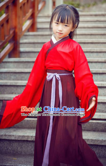 Traditional Chinese Ancient Costumes Jin Dynasty Princess Red Hanfu Dress for Kids