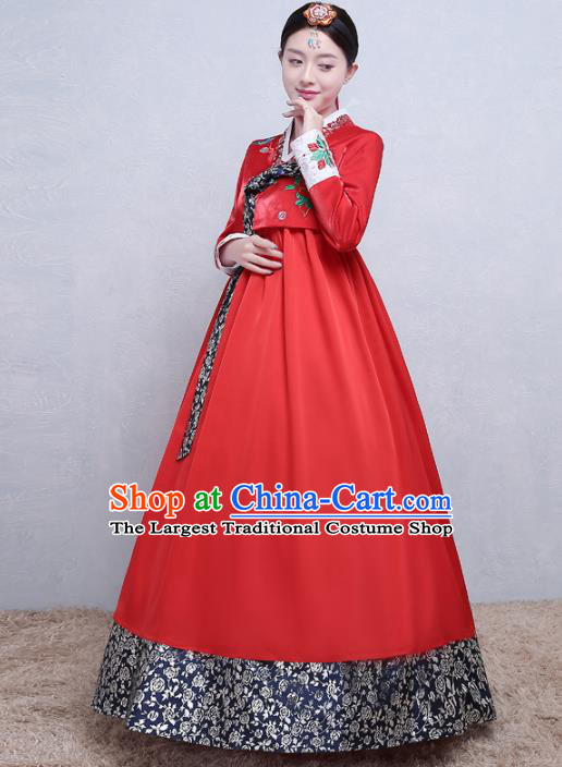 Asian Korean Traditional Costumes Korean Palace Hanbok Embroidered Red Blouse and Skirt for Women