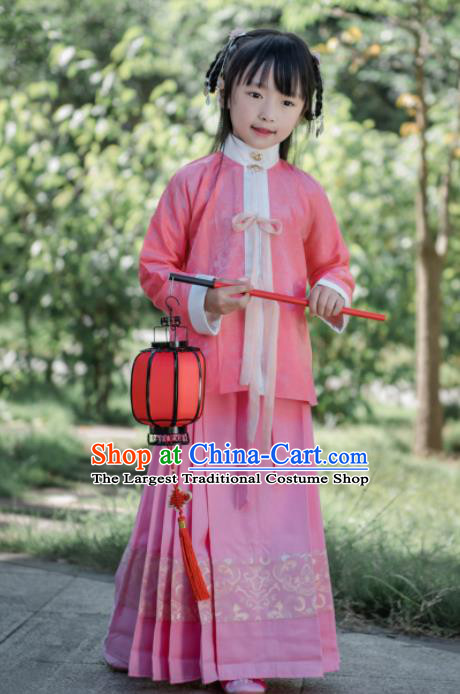 Traditional Chinese Ancient Costumes Ming Dynasty Princess Clothing Pink Blouse and Skirt for Kids