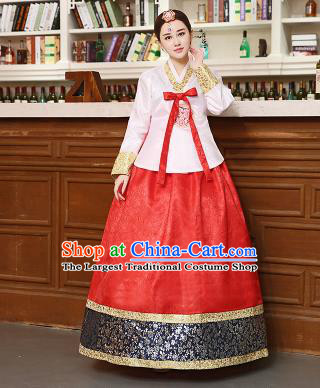 Korean Traditional Costumes Asian Korean Hanbok Palace Bride Embroidered White Blouse and Red Skirt for Women