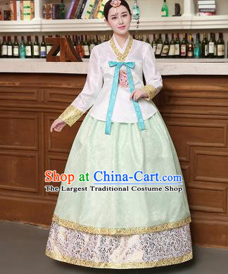 Korean Traditional Costumes Asian Korean Hanbok Palace Bride Embroidered White Blouse and Green Skirt for Women