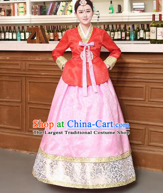 Korean Traditional Costumes Asian Korean Hanbok Palace Bride Embroidered Red Blouse and Pink Skirt for Women