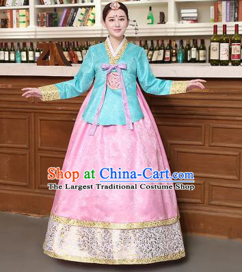 Korean Traditional Costumes Asian Korean Hanbok Palace Bride Embroidered Blue Blouse and Pink Skirt for Women