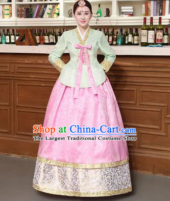 Korean Traditional Costumes Asian Korean Hanbok Palace Bride Embroidered Green Blouse and Pink Skirt for Women