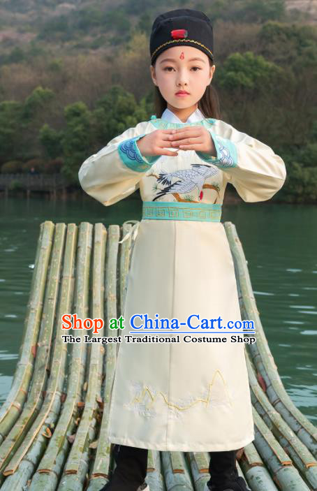 Traditional Chinese Ancient Scholar Costumes Tang Dynasty Swordsman White Embroidered Robe for Kids