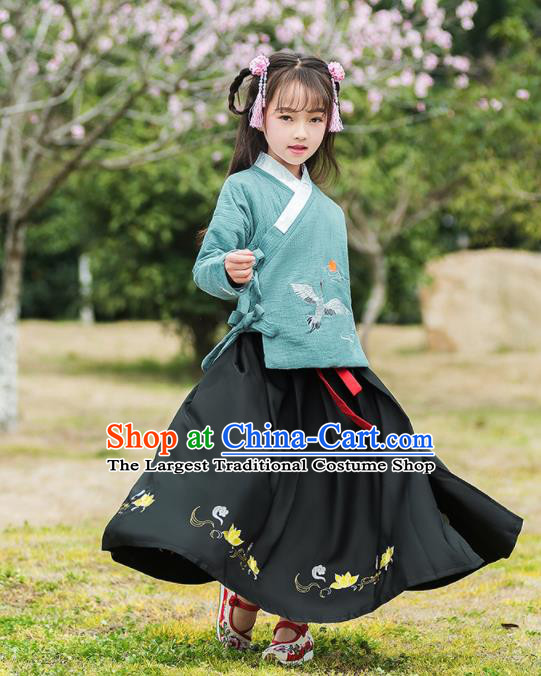 Traditional Chinese Ancient Ming Dynasty Costumes Green Blouse and Black Skirt for Kids