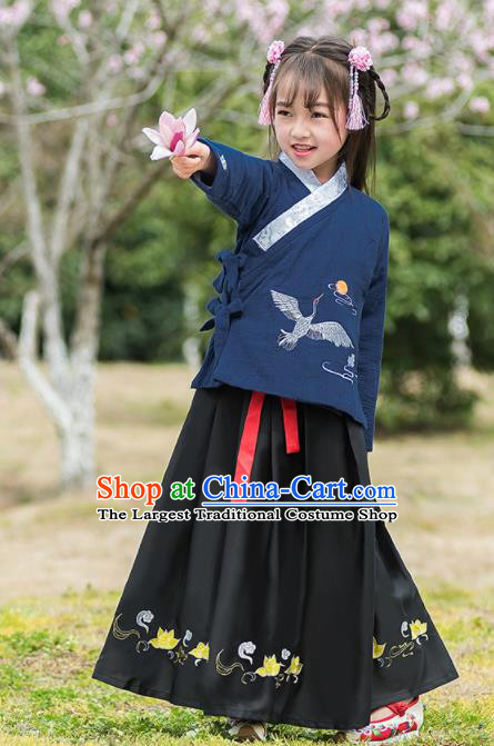 Traditional Chinese Ancient Ming Dynasty Costumes Navy Blouse and Black Skirt for Kids