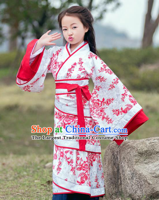 Traditional Chinese Ancient Han Dynasty Princess Costume Red Curving-front Robe for Kids