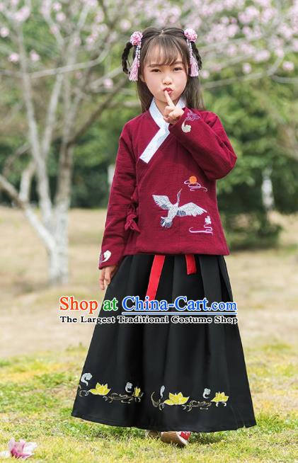 Traditional Chinese Ancient Ming Dynasty Costumes Wine Red Blouse and Black Skirt for Kids