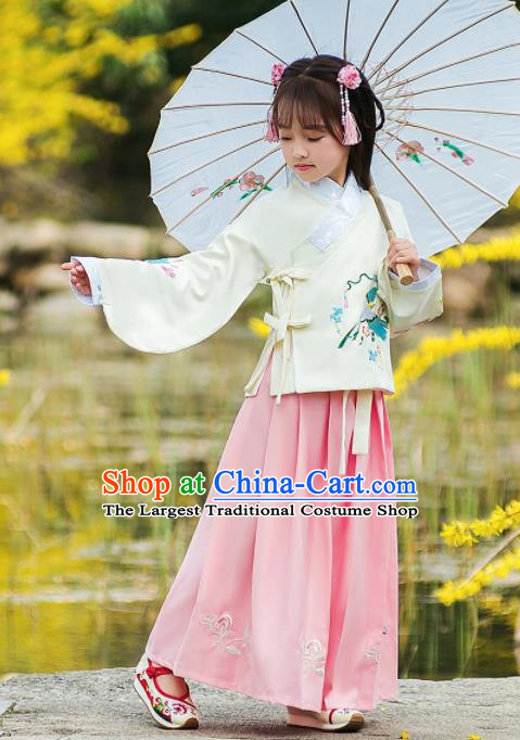 Traditional Chinese Ancient Ming Dynasty Princess Costumes White Blouse and Pink Skirt for Kids