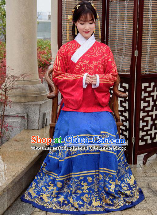 Traditional Chinese Ancient Hanfu Dress Ming Dynasty Princess Costumes Red Blouse and Blue Skirt for Women