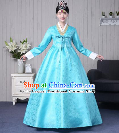 Traditional Korean Palace Costumes Asian Korean Hanbok Bride Blue Blouse and Skirt for Women