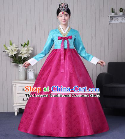 Traditional Korean Palace Costumes Asian Korean Hanbok Bride Blue Blouse and Rosy Skirt for Women