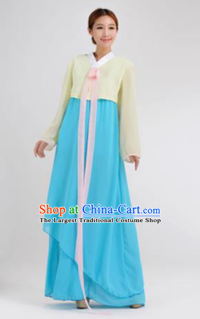 Traditional Korean Costumes Asian Korean Hanbok Yellow Blouse and Blue Skirt for Women