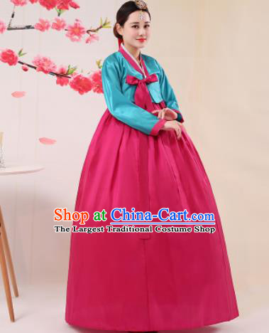 Korean Traditional Palace Costumes Asian Korean Hanbok Bride Blue Blouse and Rosy Skirt for Women