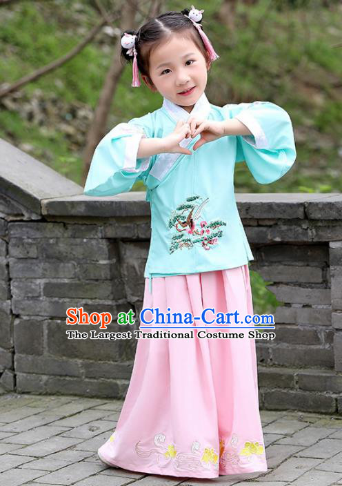 Traditional Chinese Ancient Ming Dynasty Costumes Green Blouse and Pink Skirt for Kids