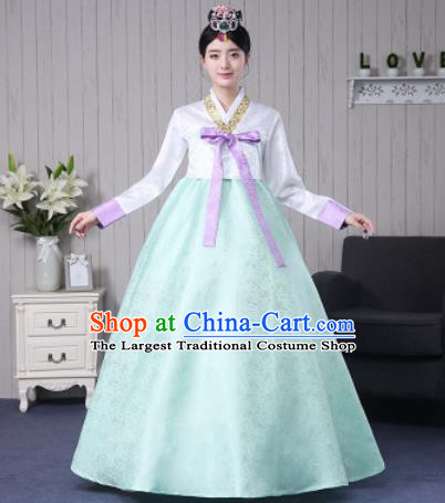 Traditional Korean Palace Costumes Asian Korean Hanbok Bride White Blouse and Green Skirt for Women