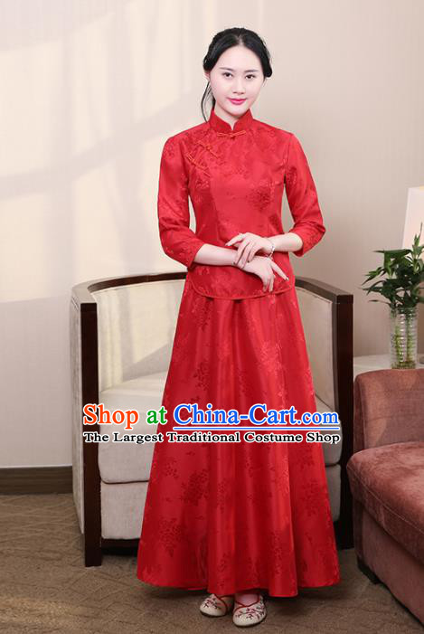 Chinese Ancient Nobility Lady Costumes Traditional Embroidered Red Qipao Blouse and Skirt for Women