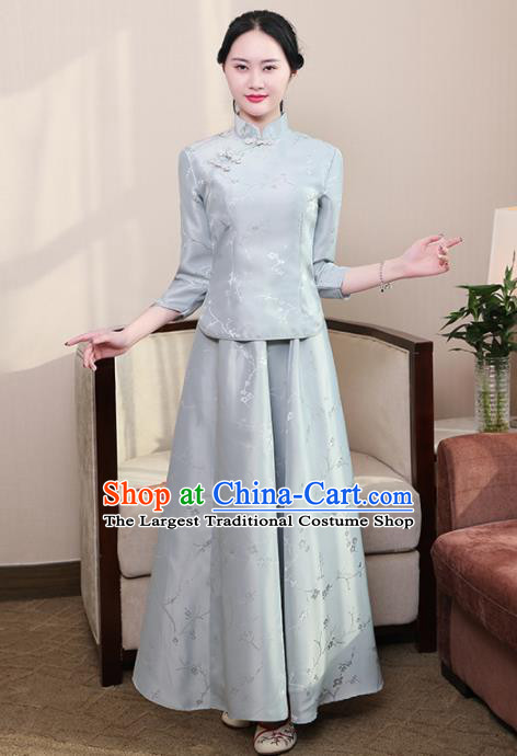 Chinese Ancient Nobility Lady Costumes Traditional Embroidered Grey Qipao Blouse and Skirt for Women