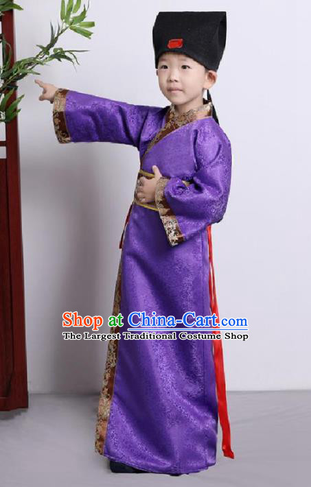 Chinese Ancient Scholar Costumes Traditional Purple Robe for Kids