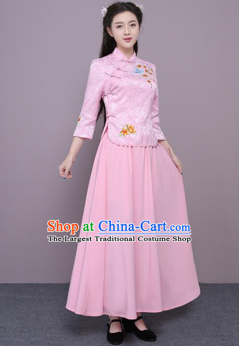 Chinese Ancient Bridesmaid Costumes Traditional Embroidered Pink Qipao Blouse and Skirt for Women