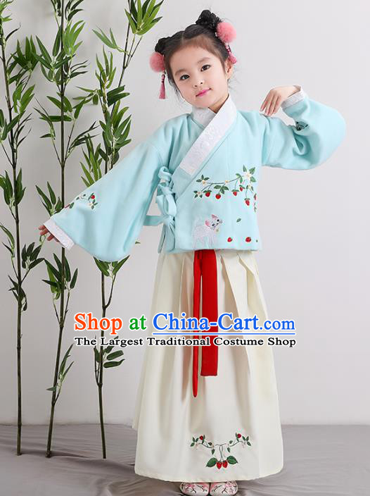 Chinese Ancient Ming Dynasty Children Costumes Traditional Blue Blouse and Beige Skirt for Kids