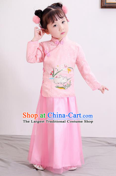 Chinese Ancient Republic of China Children Costumes Traditional Pink Blouse and Skirt for Kids