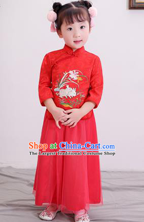 Chinese Ancient Republic of China Children Costumes Traditional Red Blouse and Skirt for Kids