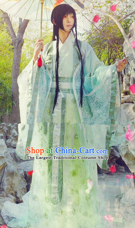 Chinese Ancient Swordsman Green Hanfu Han Dynasty Nobility Childe Costume for Men
