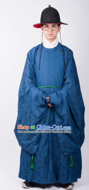 Chinese Ancient Swordsman Blue Robe Traditional Ming Dynasty Imperial Bodyguard Costumes for Men