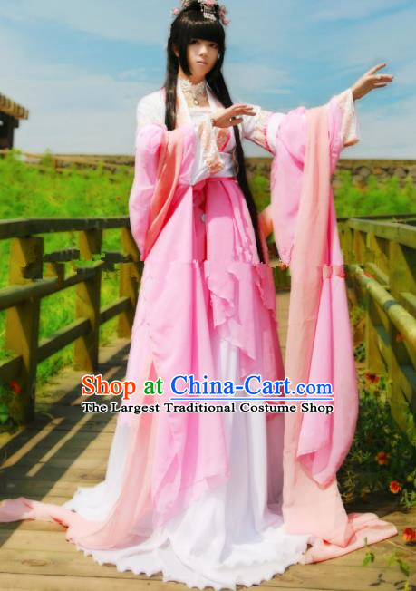 Chinese Ancient Cosplay Peri Goddess Pink Hanfu Dress Traditional Tang Dynasty Princess Costume for Women