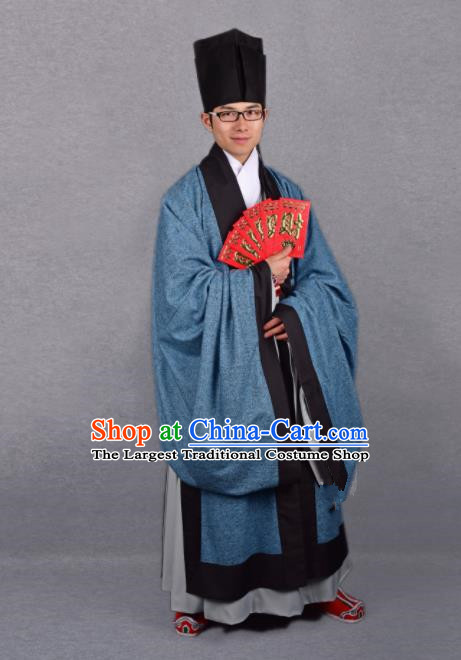 Chinese Ancient Taoist Blue Cloak Traditional Ming Dynasty Minister Costume for Men