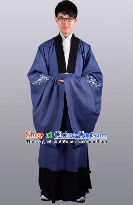 Chinese Ancient Traditional Ming Dynasty Taoist Priest Costume Scholar Blue Cloak for Men