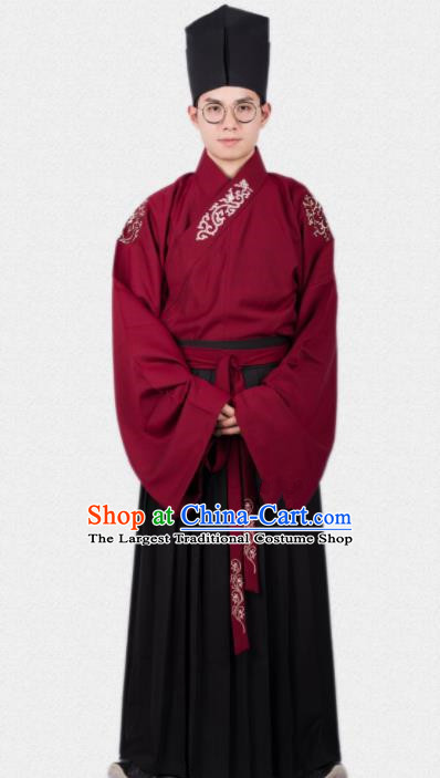 Chinese Ancient Traditional Ming Dynasty Scholar Red Costumes Complete Set for Men