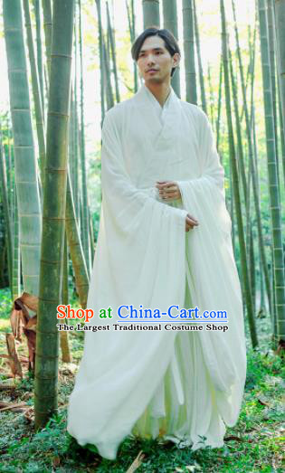 Chinese Ancient Traditional Jin Dynasty Scholar Swordsman Hermit White Costumes for Men
