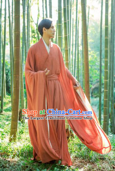 Chinese Ancient Traditional Jin Dynasty Scholar Swordsman Hermit Orange Costumes for Men
