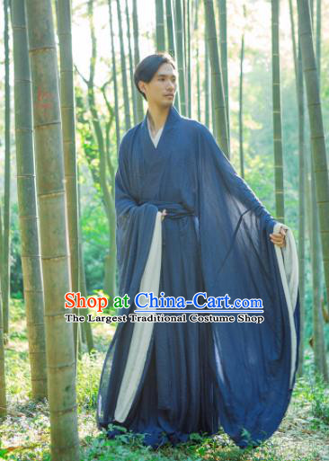 Chinese Ancient Traditional Jin Dynasty Scholar Swordsman Hermit Navy Costumes for Men