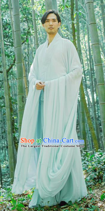 Chinese Ancient Traditional Han Dynasty Light Blue Cloak Scholar Swordsman Costumes for Men