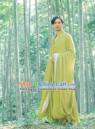 Chinese Ancient Traditional Han Dynasty Yellow-green Cloak Scholar Swordsman Costumes for Men