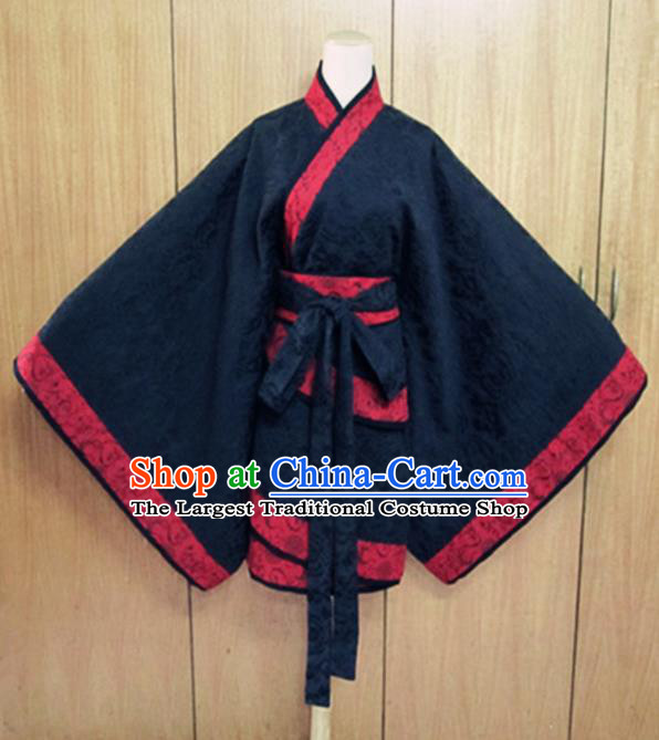 Traditional Chinese Han Dynasty Costume Ancient Princess Navy Curving-Front Robe for Women