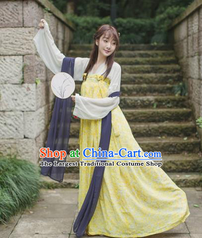 Traditional Chinese Tang Dynasty Maidenform Costume Ancient Princess Yellow Hanfu Dress for Women