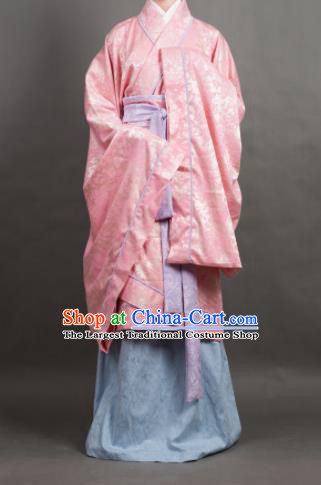 Traditional Chinese Han Dynasty Dowager Costume Ancient Pink Curving-Front Robe for Women