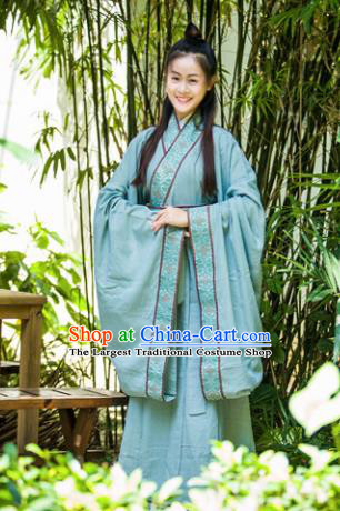 Traditional Chinese Han Dynasty Princess Costume Ancient Green Curving-Front Robe for Women