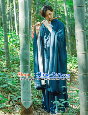 Chinese Ancient Traditional Han Dynasty Blue Wide Sleeve Robe Scholar Swordsman Costumes for Men