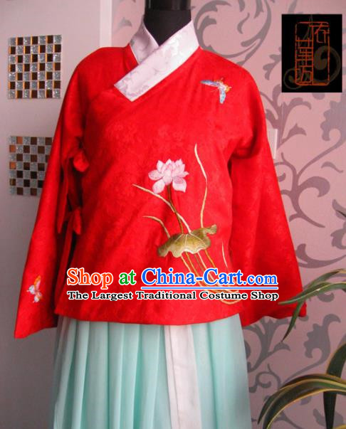 Traditional Chinese Ming Dynasty Costume Ancient Princess Embroidered Lotus Red Blouse for Women