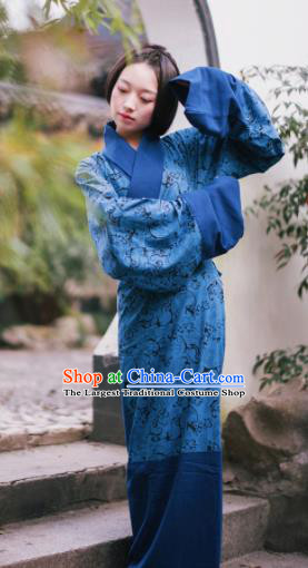 Traditional Chinese Han Dynasty Princess Costume Ancient Blue Curving-Front Robe for Women